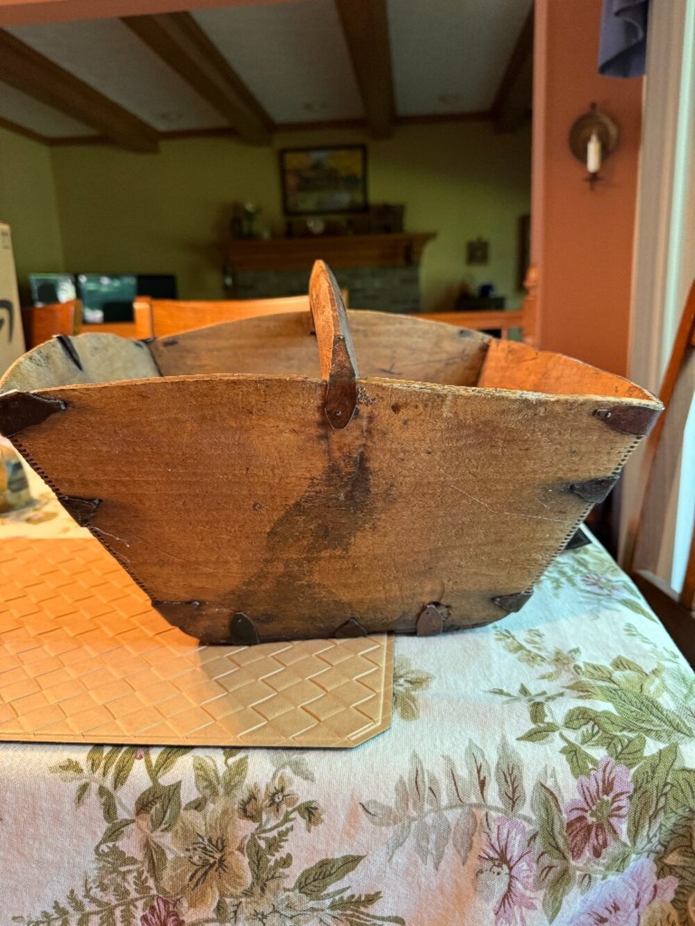 Vintage Chinese Rice Tray Wood Basket with Handle 15" x 7 1/2"